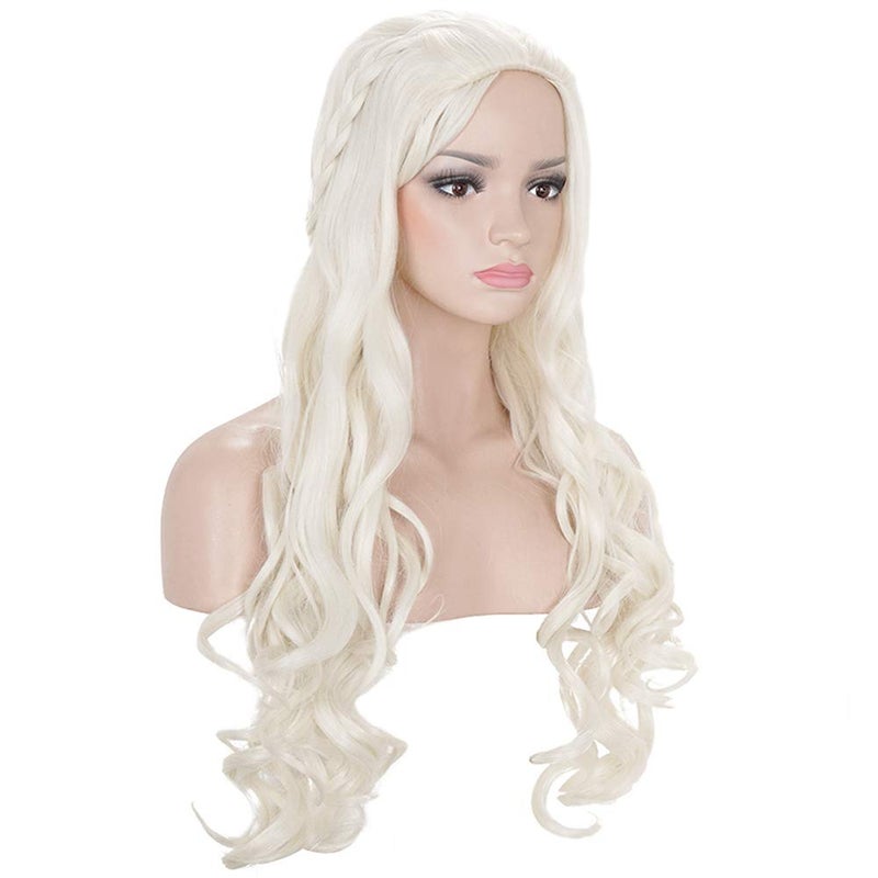 morvally Long Blonde Braided Cosplay Wig Womens Blond Wavy Curly Synthetic Hair Wigs for Halloween Costume Party(Light Blonde) - Image 2